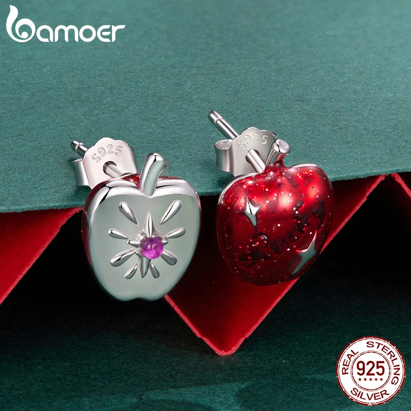 BAMOER 925 Sterling Silver Red Apple Asymmetrical Earrings, CZ Piercing Earrings Cute Fruit Jewelry for Girls Lucky Xmas Gift