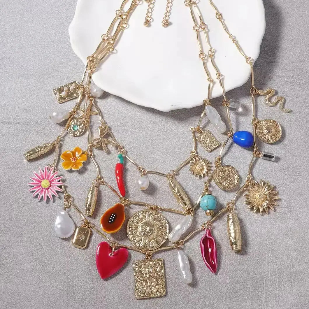 ZAA Cute Multi-Layer Snake Chili Flower Tassel Pendant Necklace