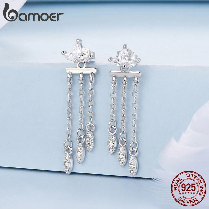 Boucles d'oreilles BAMOER en argent sterling 925 avec pompon et fleur, à plusieurs rangs, fermoir à maillons avant et arrière, pour femmes et adolescentes. Bijou élégant à offrir.