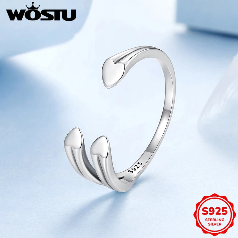 WOSTU 925 Sterling Silver Metal Three Heart Star Open Ring For Women Wedding Party Simple Ins Style Stackable Rings Girl Gift