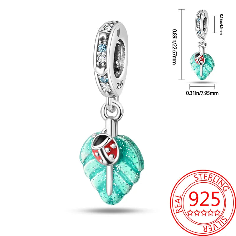 925 Sterling Silver Charm Green Monstera Leaves Charm Fit Bracelet Original Charm Bead for Women Jewelry DIY Making Fine Gift