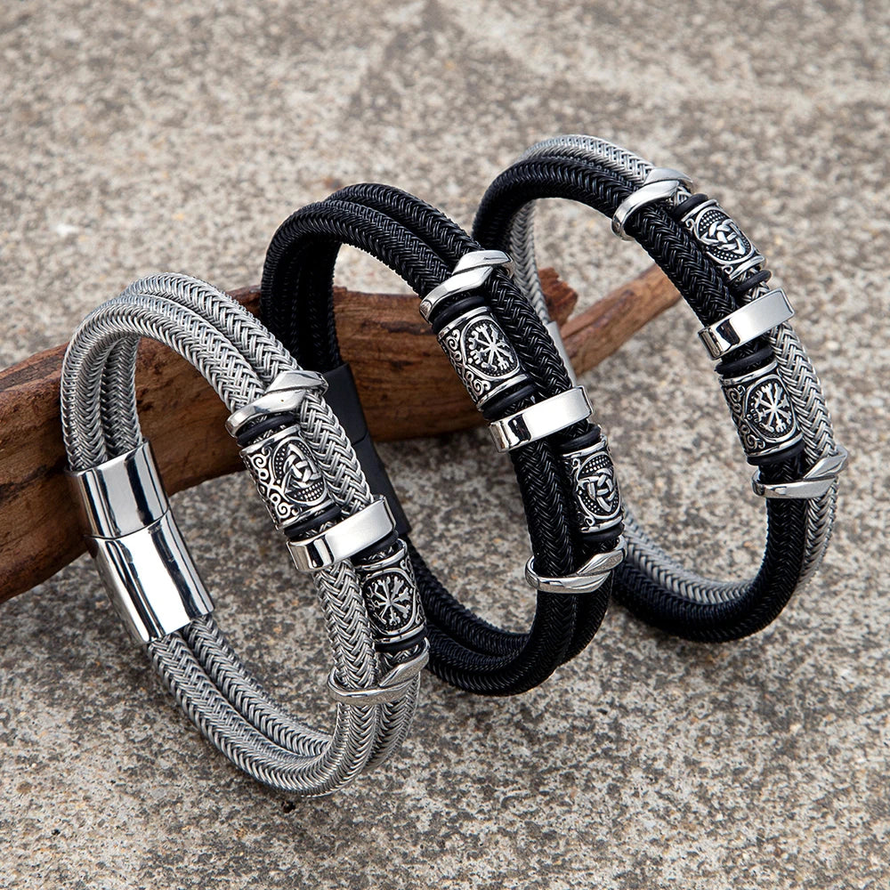 MKENDN Viking Style Men Jewelry Non-fading Steel Wire Rope Bracelet Norse Compass Runes Amulet Luxury Male Wristband Gifts