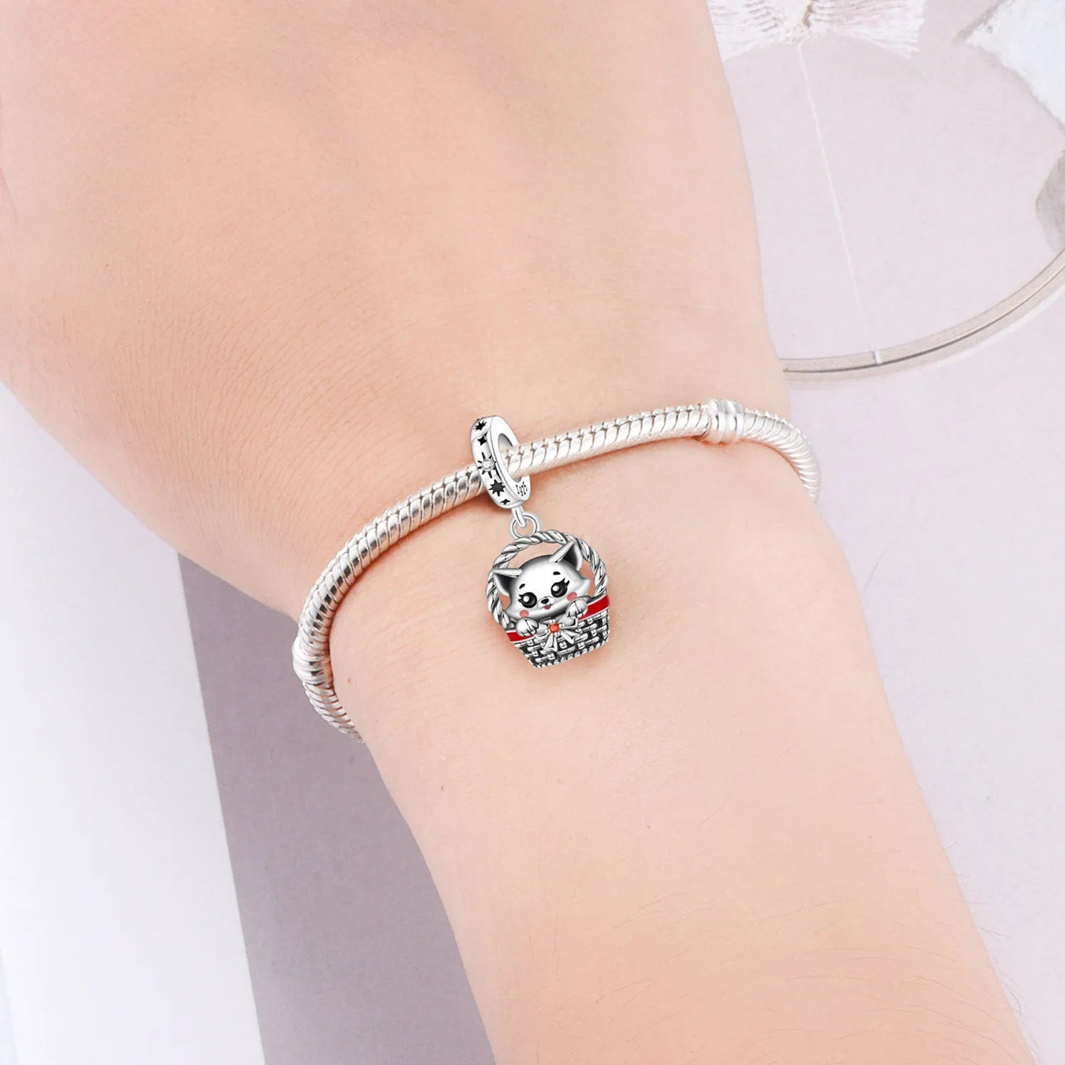 PANPOKI 925 Sterling Silver Basket Cat Pet Animal Pendant Beads Original Pendants Bracelet Charm Jewelry Party DIY Trendy Gift
