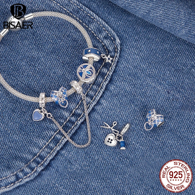 BISAER 925 Sterling Silver Bee Button Charm Bead Tailor Set Heart Zipper Denim Pendentif Fit Femme DIY Bracelet Fine Jewelry Gift