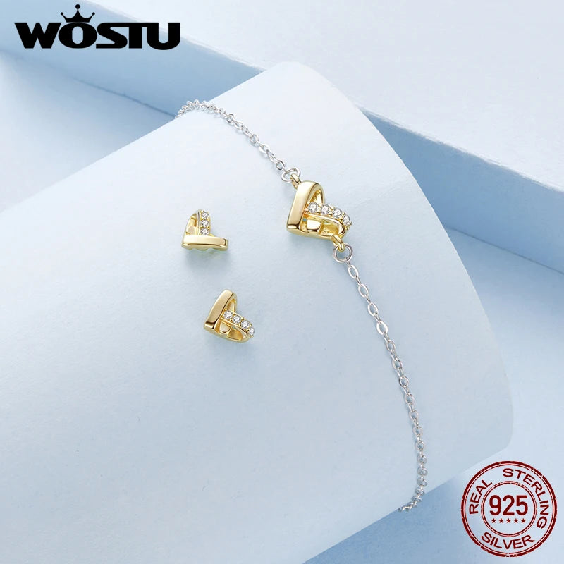 WOSTU 925 Sterling Silver Gold Color Heart Charm Anklet Foot Chain Links, Xmas New Year Girl Daugther Beach Jewelry Holiday Gift