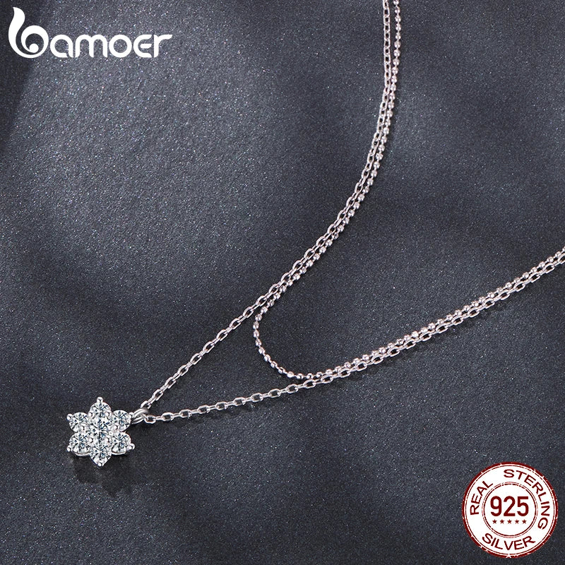 BAMOER Doppelreihige Moissanit-Halskette für Damen, Anhänger aus 925er Sterlingsilber mit Schneeflockenmotiv – ein bezauberndes Wintergeschenk