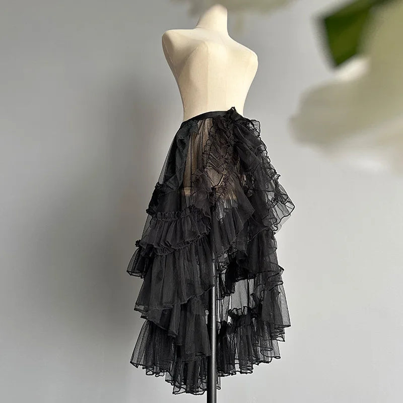 Sweet Lolita Style Double Layer Lace Asymmetrical Ruffles Skirts Women Summer Mesh Cute Curtain Sheer Cover Up Thin Long Skirt