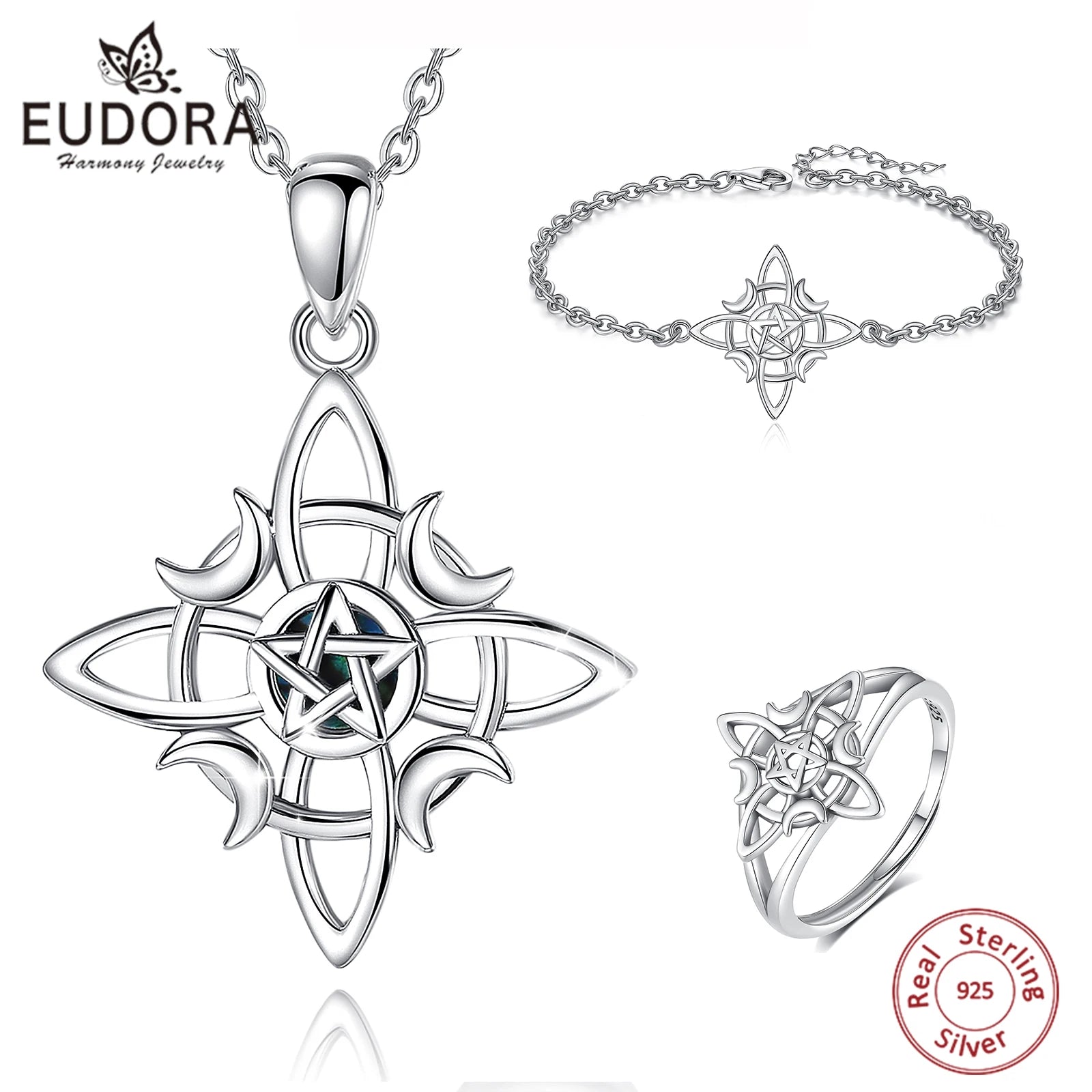 Eudora 925 Sterling Silber Hexenknoten Schmuckset Mond Wicca Amulett Halskette Armband Ohrringe &amp; Ring Feines Geschenk für Frauen