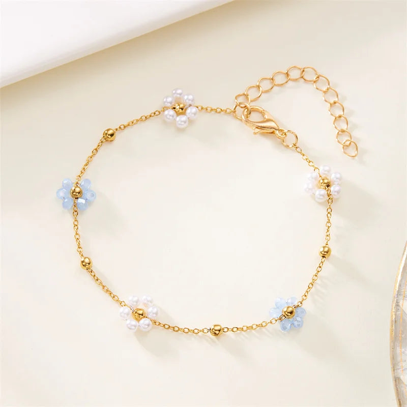Korean Cute Flower Bracelet For Women Girls Exquisite Imitation Pearl Metal Beads Chain Wristband Party Minimalist Jewelry Gifts