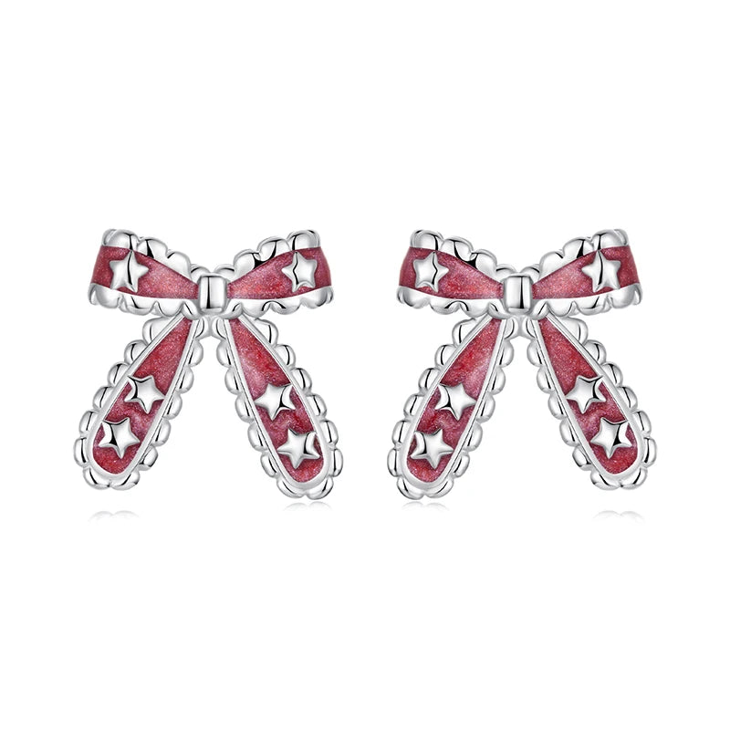 WOSTU Solid 925 Sterling Silver Silver Red Bow Earrings with Stars, Cute Xmas New Year Gift