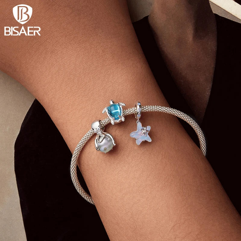BISAER 925 Sterling Silver Fantasy Turtle Octopus Charm Bead Starfish Seahorse Fishtail Pendant for Women DIY Bracelet Jewelry