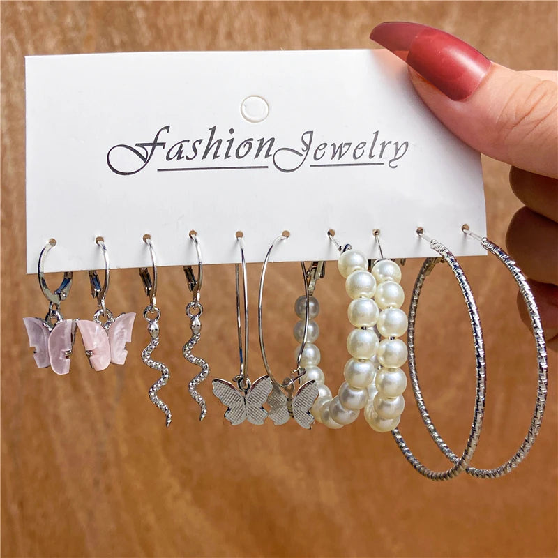 Trendy Earrings Set for Women Girls Simple Silver Color Pearl Metal Circle Hoop Earrings Dangle Earrings 2022 New Fashion Gift