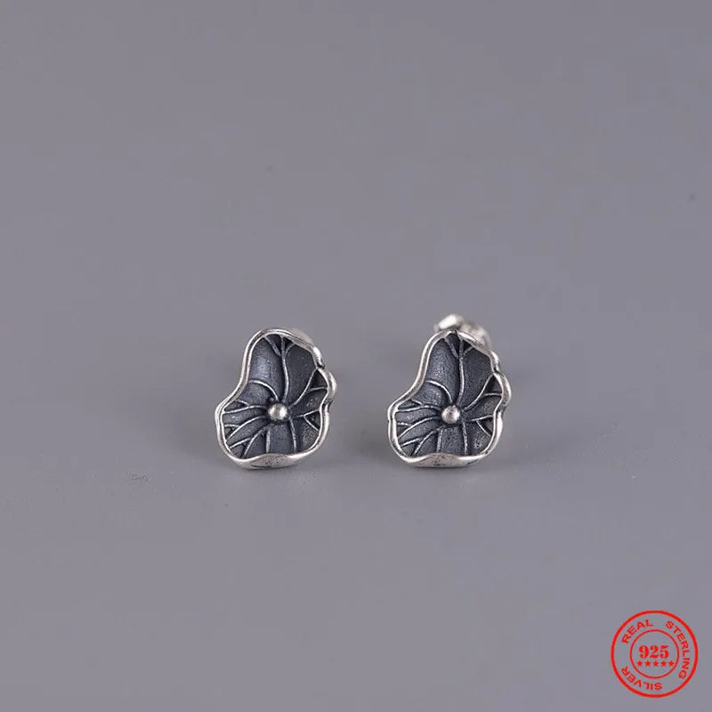 MKENDN Punk Retro 100% 925 Sterling Silver Lotus Leaf Stud Earrings Personality Jewelry Chinese Gift