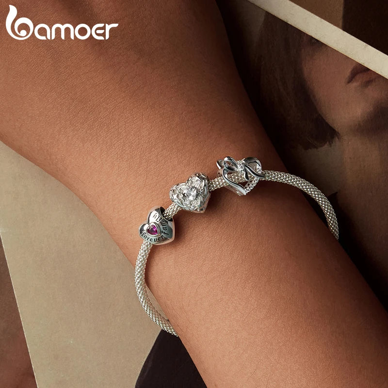 Bamoer Original 925 Sterling Silver Heart-shape Pendant Love Family Charm Romantic For Women Wedding Party Gift Fine Jewelry DIY