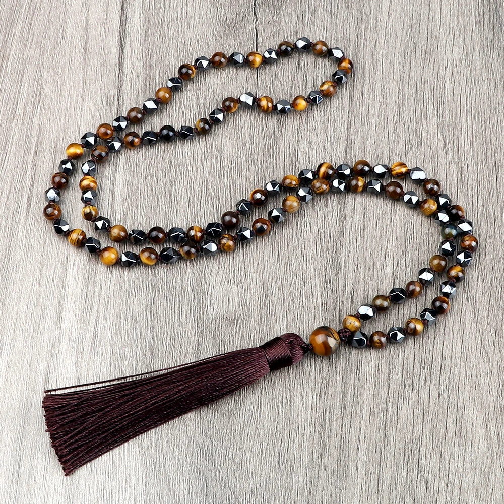 108 Mala Beaded Tassel Necklace Tiger Eyes Turquesa Meditation Yoga Jewelry Women Malachite Bohemian Ethnic Amazonite Necklace