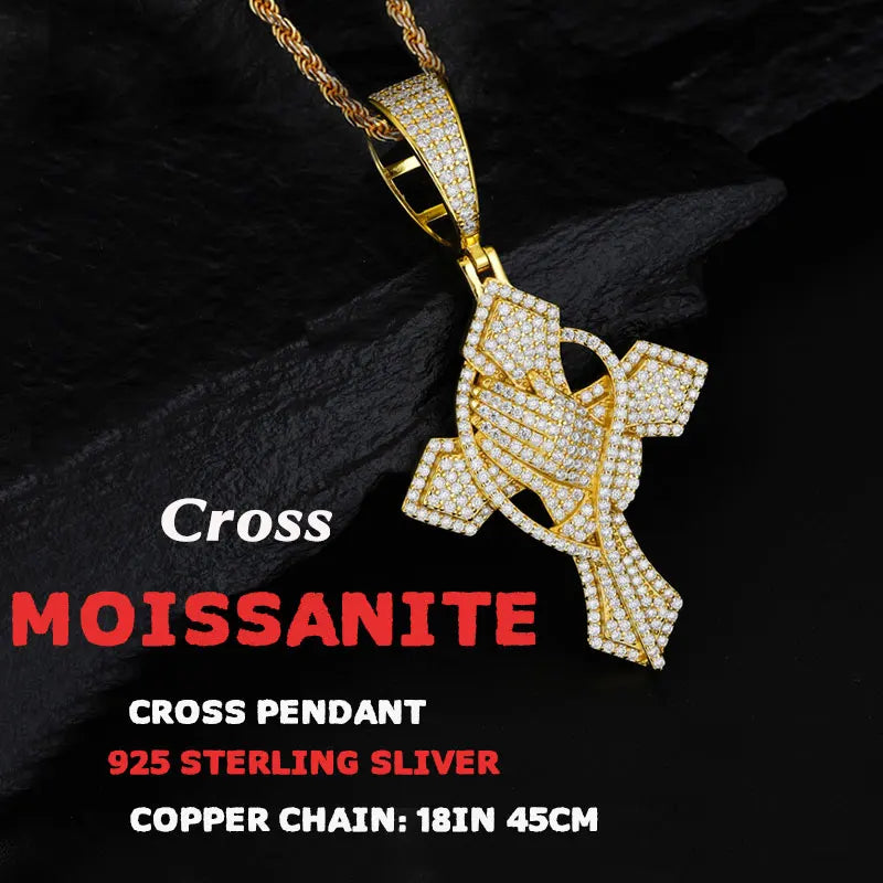 TUHE Full Moissanite Cross Pendant Necklace Original 925 Sterling Sliver Chain Plated 18k White Gold Fine Necklace For Women
