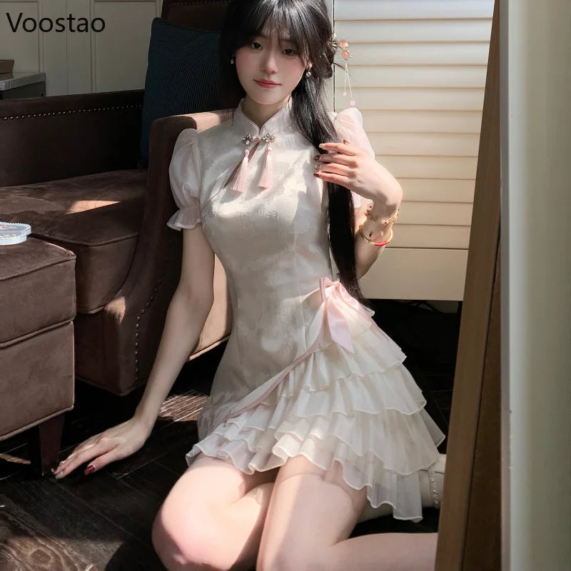Sweet New Chinese Style Vintage Mini Dress Women Elegant Bow Mesh Jacquard Patchwork Party Dresses Female Casual Slim Cheongsam