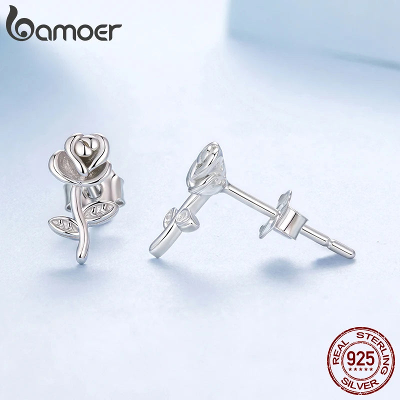 BAMOER 925 Sterling Silver Rose Flower Stud Earrings For Women,Plated White Plant Butterfly Themed Vintage Piercing Earrings