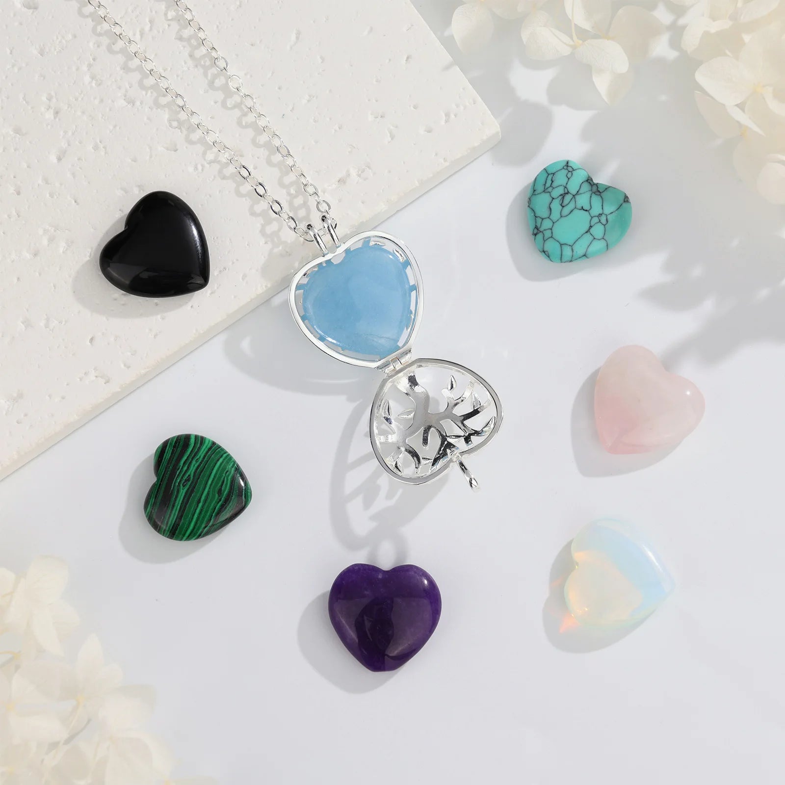 Collier Eudora Arbre de Vie Cage Coeur Obsidienne Énergie Guérison Cristal Pierre Pendentif Spirituel DIY Bijoux Pierre de Lune Cadeau