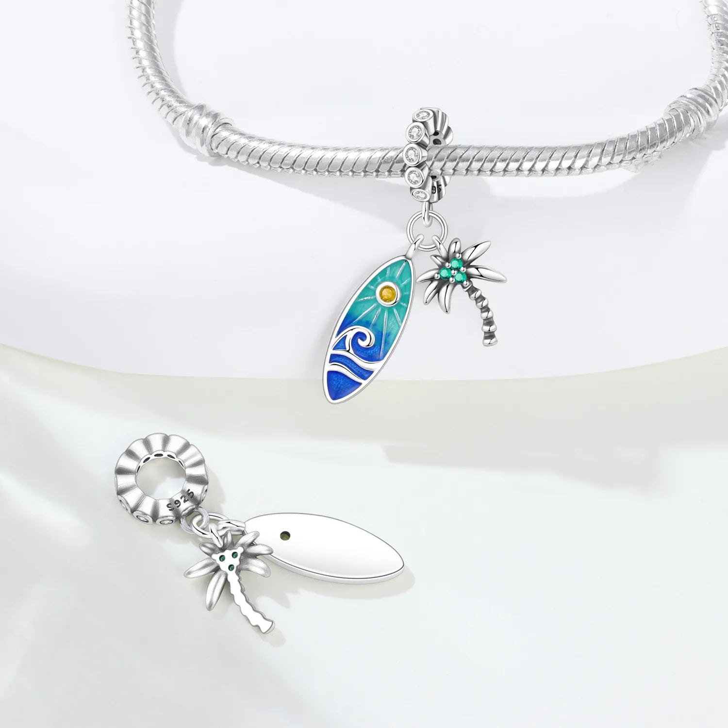 PANPOKI 925 Sterling Silver Surfboard Coconut Tree Pendant Charms Beads Fit Bracelet DIY Party Trendy Gift Jewelry Accessory