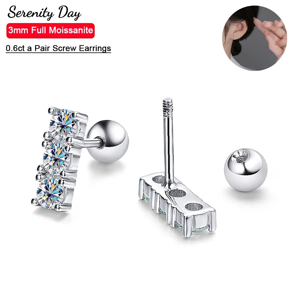 Serenity 6 Stones D Color 3mm All Moissanite Screw Earrings Women Anniversary Gift S925 Silver Sparkling Stud Ear Fine Jewelry - Madeinsea©