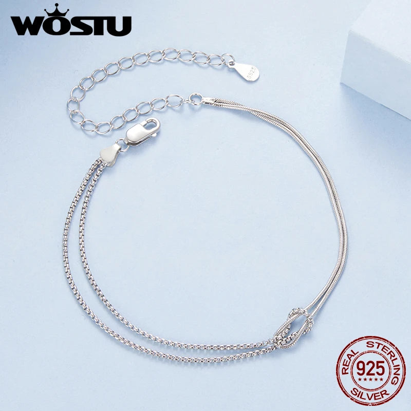 WOSTU Real 925 Sterling Silver Love Knot Bracelets for Women Couple s925 Silver Cube punk Chain Charm Bracelet
