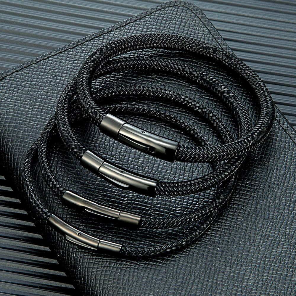 MKENDN Classic Men Women Jewelry Black Non-fading Steel Wire Rope Bracelet Classic Cuff Charm Button Bracelet for Couple Jewelry