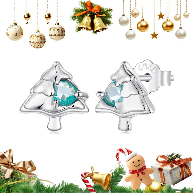 WOSTU Christmas Tree Earrings with Green Heart Zircon, 925 Sterling Silver Stud Earring For Women Creative Xmas Jewelry Gift New