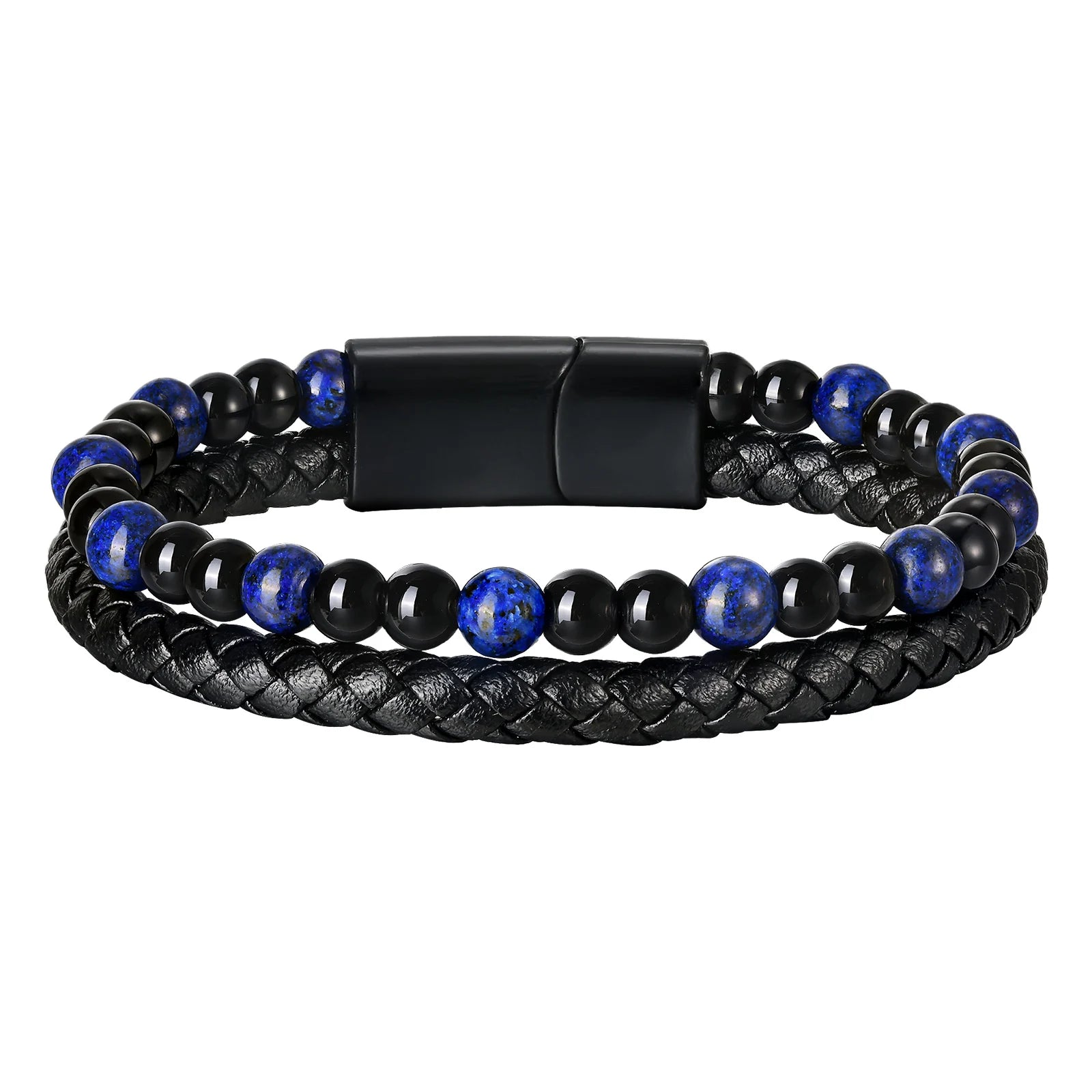 Vnox Tiger Eye Stone Bracelet Men, Blue Black Beads Bracelets, Black Braided Leather Bangle Gift for Dad Fathers Day - Madeinsea©
