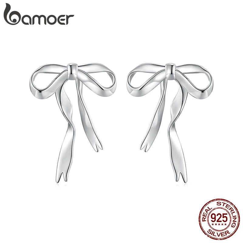 BAMOER Ohrstecker mit Schleife aus massivem 925er Sterlingsilber für Damen, Schleifenschmuck, schlichte Ohrringe BSE1172