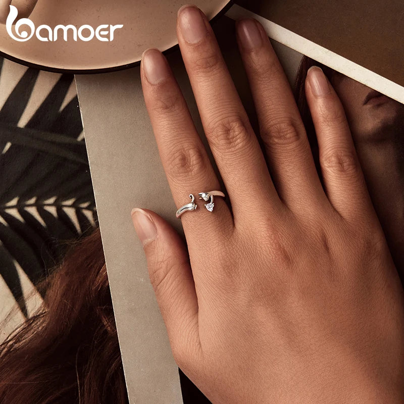 BAMOER Solid 925 Sterling Silver Cute Cat Adjustable Rings Lovely Cats Animals Open Ring Jewelry for Women SCR1116-E