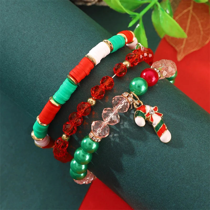 2-5 pcs Cute Christmas Series Bracelet Set For Women Men Santa Claus Snowman Snowflake Pendant Beads Bracelets Party Jewelry
