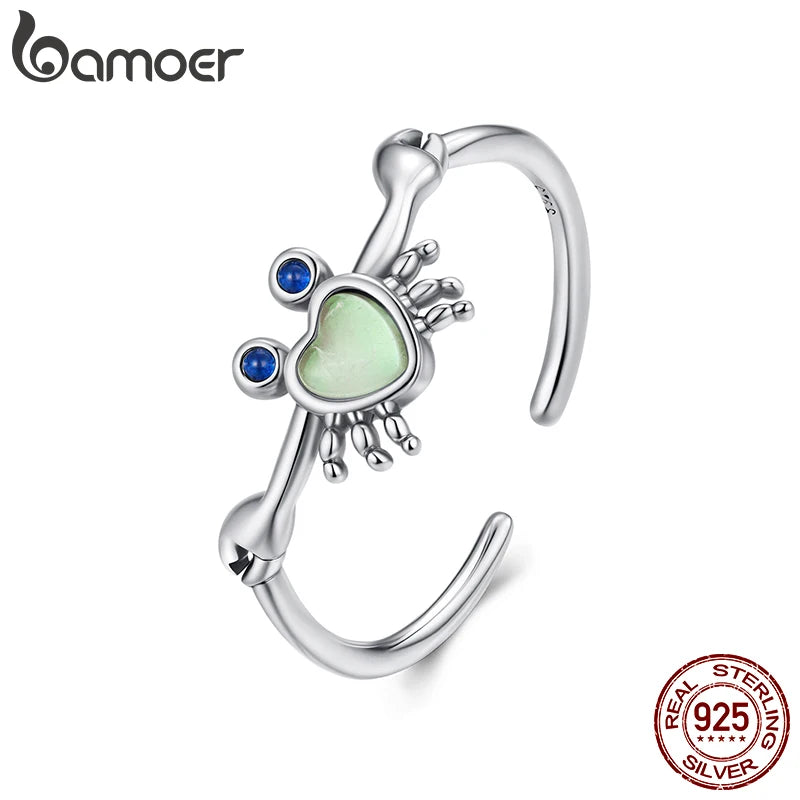 BAMOER 2025 Solid 925 Sterling Silver Cute Crab Adjustable Rings Lovely Animals Open Ring Jewelry for Women SCR1122-E