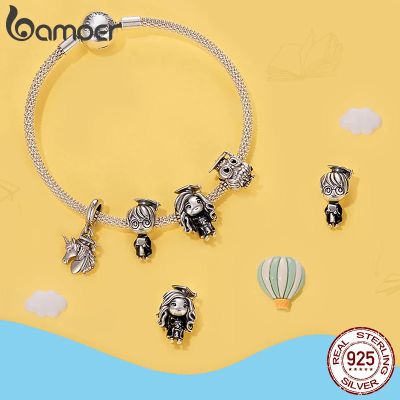 BAMOER Happy Graduate Charms Bachelor-Hut-Perlen, oxidierter Einhorn-Anhänger für junge Frauen, Armband, DIY-Geschenk zur Abschlussfeier