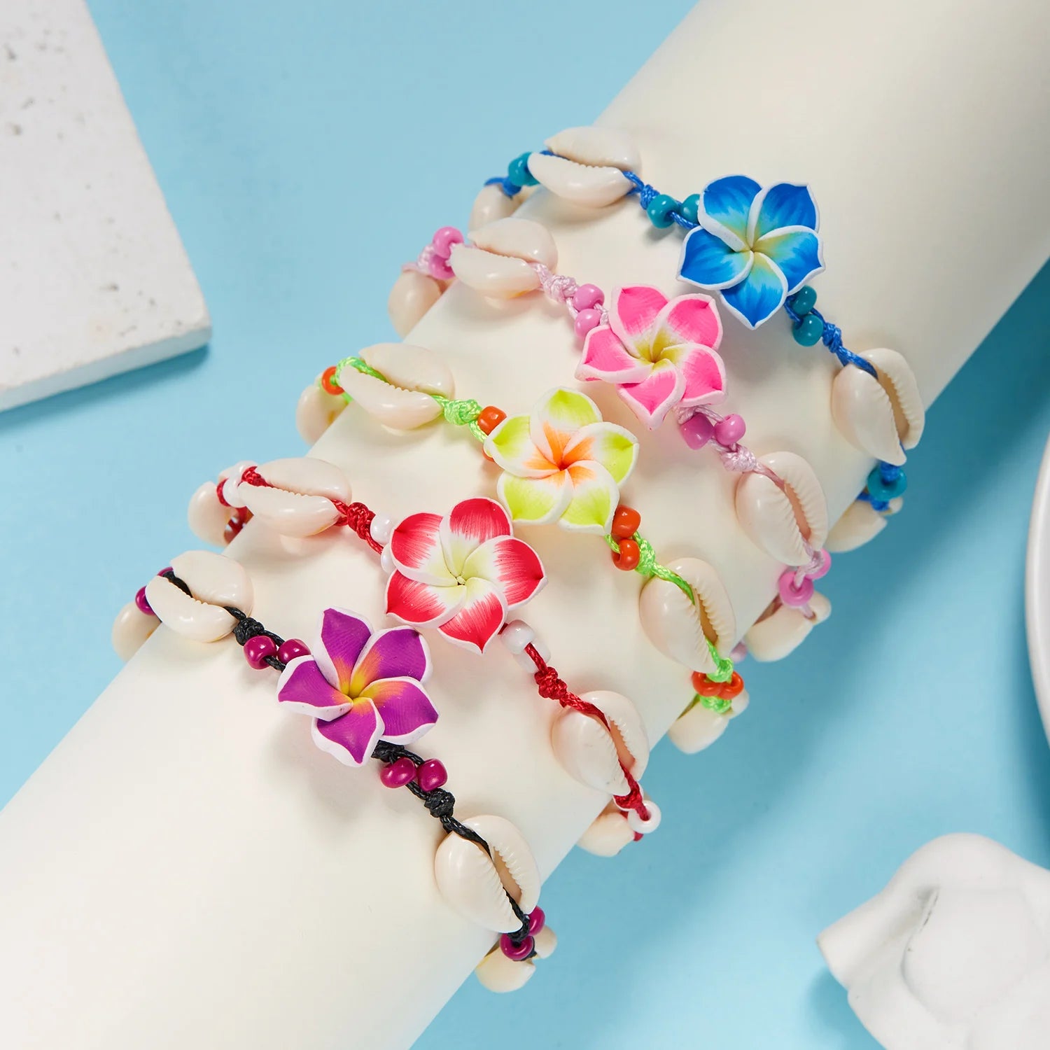 Bohemian Big Flower Sea Shell Charm Bracelets For Women Pink Blue Green Flower Soft Clay Pottery Beaded Bangles Handmade Jewelry