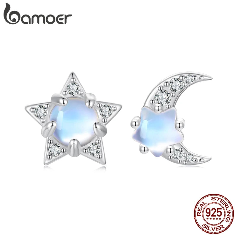 BAMOER 925 Sterling Silber Stern- und Mond-Ohrstecker, Zirkonia-Mondstein-Ohrstecker für Damen, funkelndes Weihnachtsgeschenk