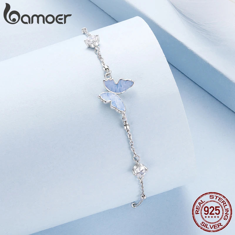 Bamoer 925 Sterling Silver Butterfly Charm Bracelet Lightweight CZ Beads Link Chain for Women Teens Gift Natural Wrist Decor