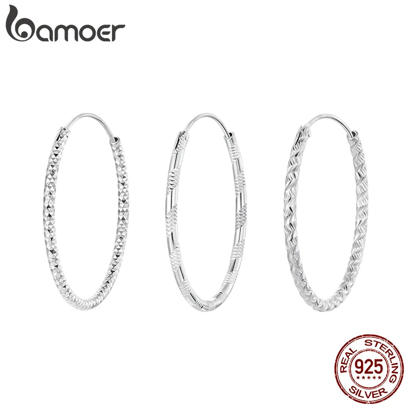 BAMOER 925 Sterling Silver Carved Floral Silver Large Hoop Earrings, Geometric Round Ear Cuff for Women Punk Jewelry Gift