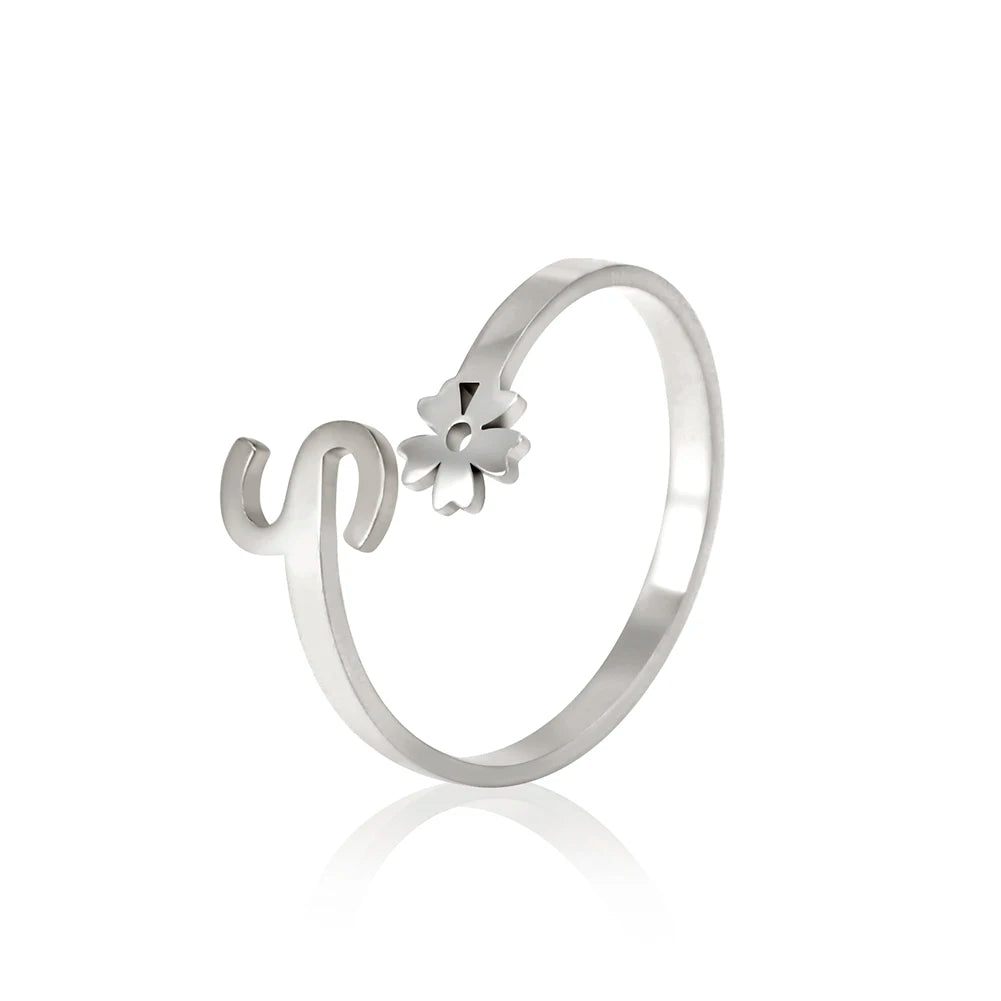 Stainless Steel Flower 26 Alphabet Open Ring for Women A-Z Initial Name Ring 2022 New Fashion Jewelry for Birthday Gift