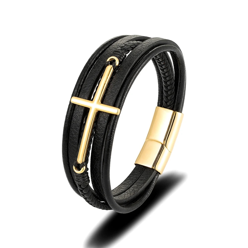 MKENDN Punk Style Multicolor Cross Bracelet Stainless Steel Men's Multilayer Leather Hand-woven Jewelry New Year Gifts