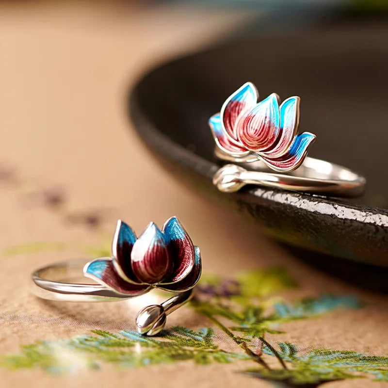 Retro Chinese Cloisonne Lotus Flower Ring For Women Punk Gothic Vintage Open Ring Handmade Designer Jewelry Unisex Accessories