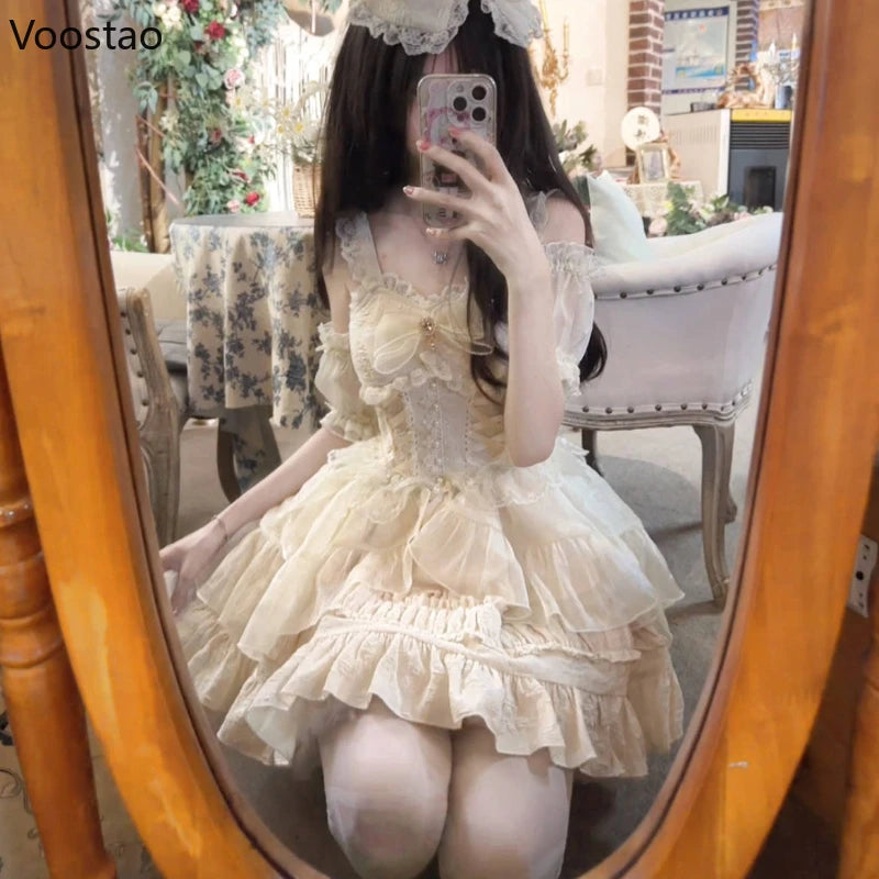 Japanese Kawaii Lolita Jsk Dress Women Sweet Cute Bow Flower Wedding Party Mini Dresses Gothic Y2k Sleeveless Princess Dresses