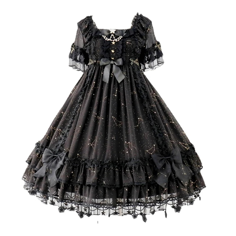 Victorian Gothic Lolita Dress Women Elegant Sweet Dark Bow Pearl Chain Evening Party Dresses Harajuku Y2k Punk Princess Dress