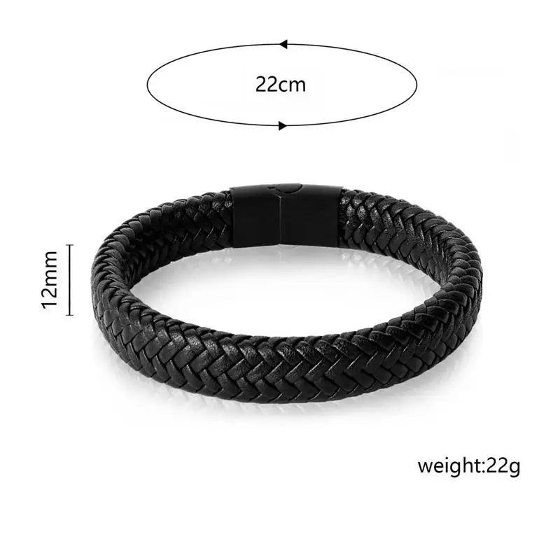Bracelet jonc homme style punk en cuir tressé noir, fermoir magnétique en acier inoxydable, 18,5/22/20,5 cm