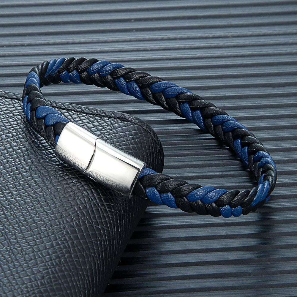 MKENDN Simple Classic Stainless Steel Bracelet for Women Men Genuine Braided Leather Bangles Special Couple Jewelry Gift