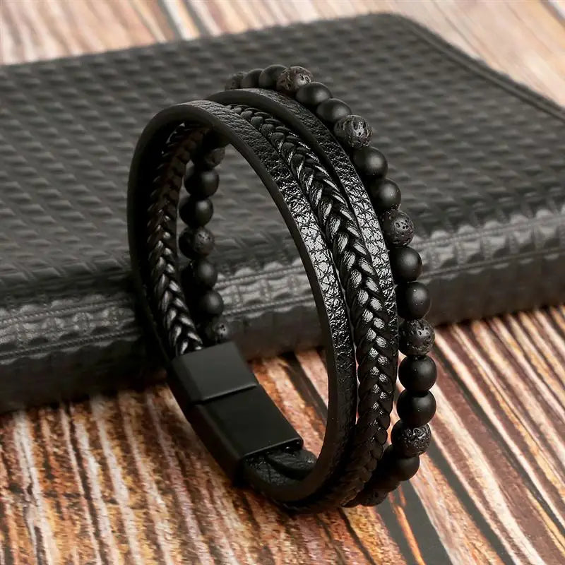 Fashion Braided Rope Woven Multilayer Leather Men Bracelets Punk Mental Magnet Bangle for Friend Charm Jewelry Gifts