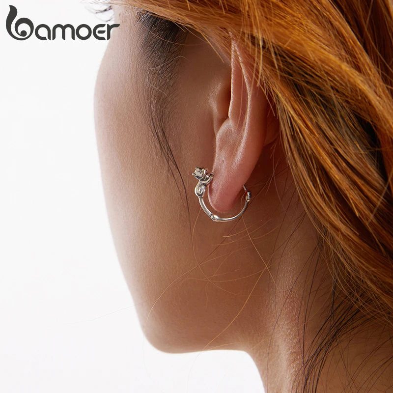 BAMOER 925 Sterling Silver Cute Cat Earrings, Small Animal Huggie Hoop Earrings Jewelry Gifts for women Teen Girls cat Lovers
