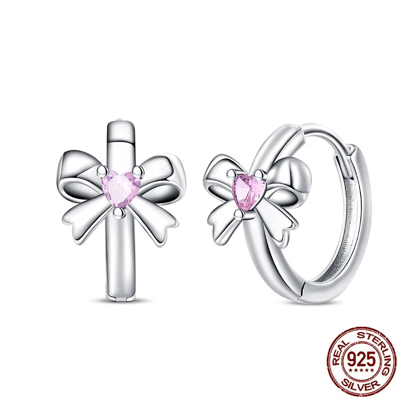 Sweet Bows Earrings 925 Silver Shining Heart Shaped Zircon Hoop Earrings For Women Engagement Birthday Proluxy Fine Jewelry Gift