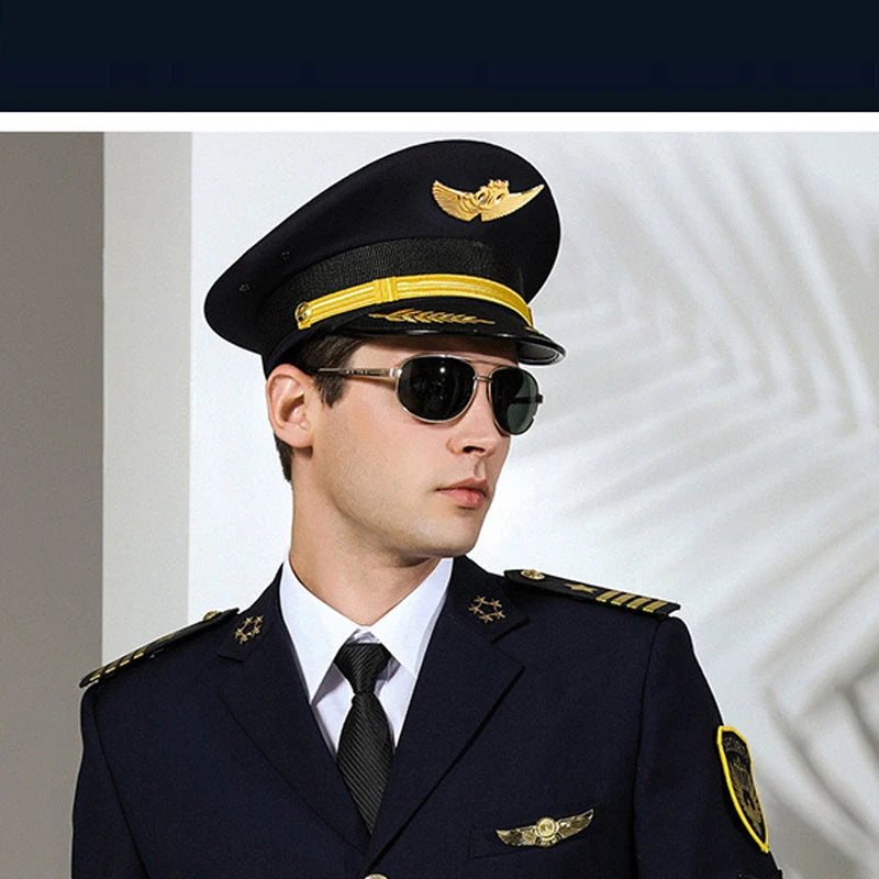 Vintage Officer Peaked Cap Classic Design Adjustable Strap for Aviation Navy Captain Security Railway Personnel Unisex Fits Most
