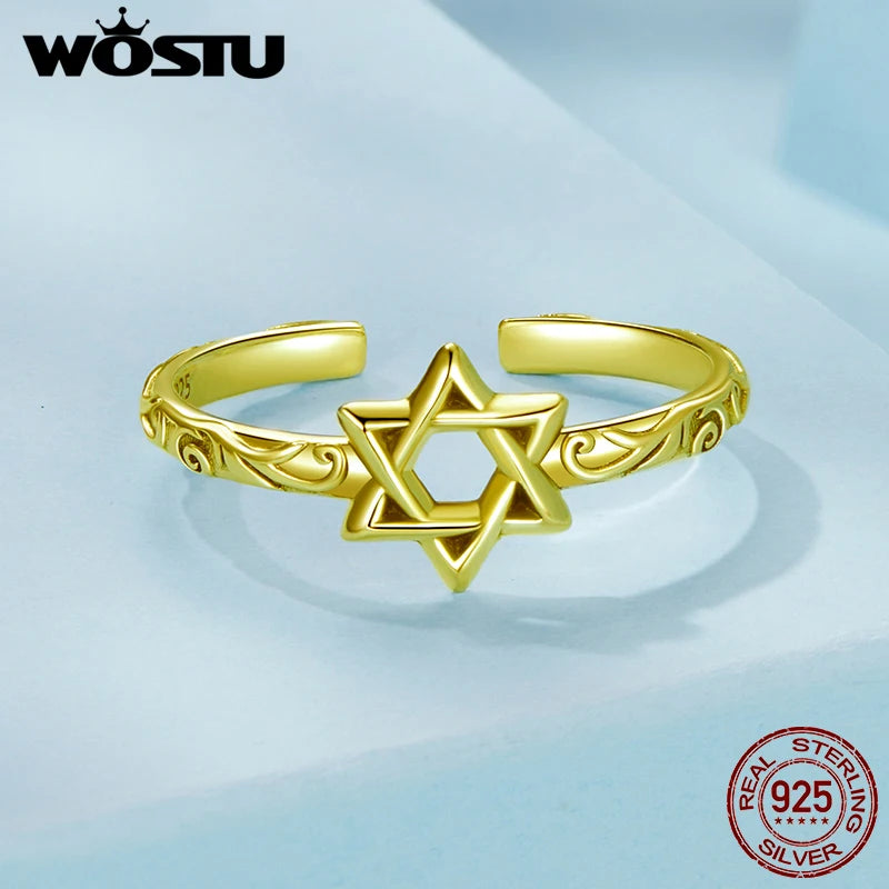 WOSTU Real 925 Sterling Silver Vintage Hexagram Rings Star Stud Earrings For Women Hollow Out Earring Adjustable Guardian Rings
